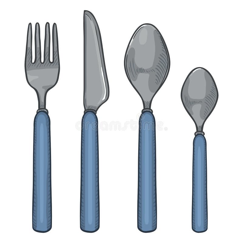 Vector Cartoon Color Set Of Cutlery With Blue Plastic Handles Knife Fork Spoon Tea Spoon Stock Vector Illustration Of Flatware Dinner 135098798