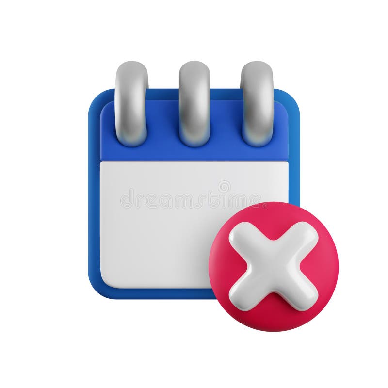 Vector cartoon 3d calendar error icon. Realistic render of spiral calendar with red cross cancel sign. Schedule conflict stock illustration