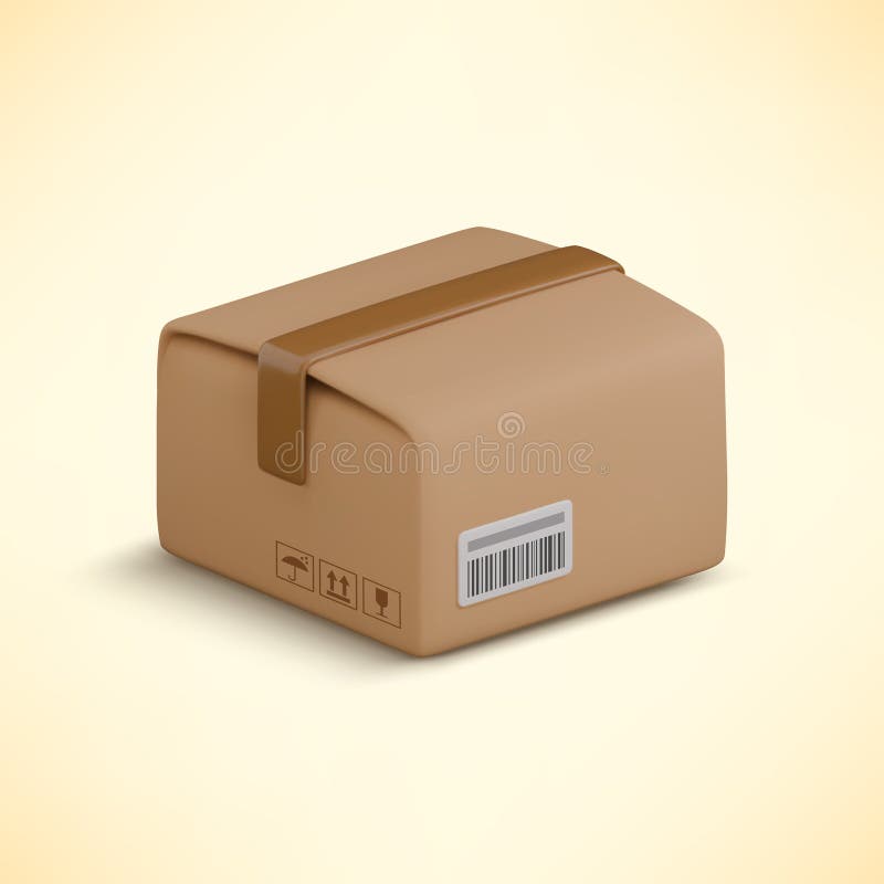 Vector cartoon 3d closed carton box illustration. Cute realistic package with shadow on yellow background. 3d render vector illustration