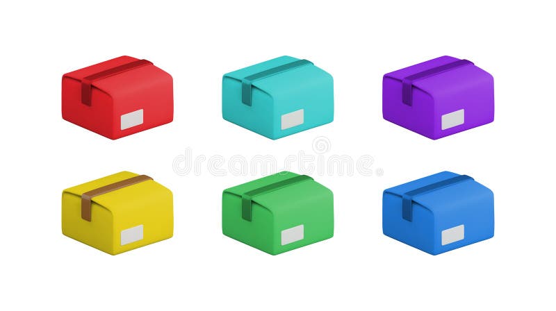 Vector cartoon 3d colorful closed carton box set. Cute realistic red, blue, green, yellow and purple package on white royalty free illustration