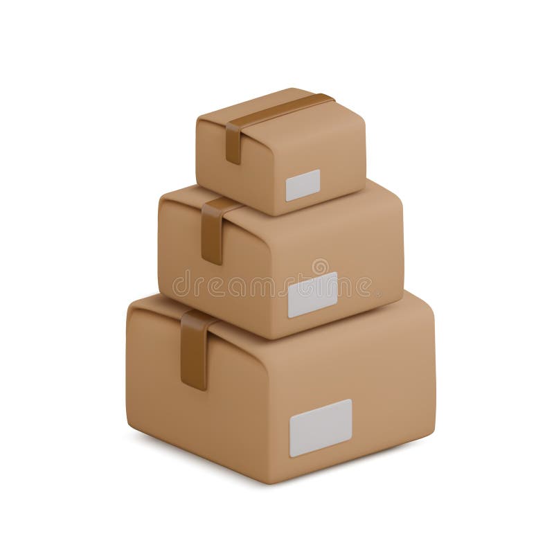 Vector cartoon 3d illustration with stack of closed carton boxes. Cute realistic big and small package on white royalty free illustration