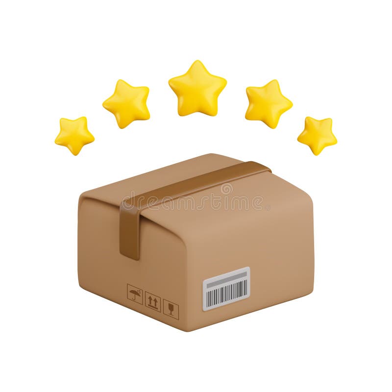 Vector cartoon 3d premium parcel icon. Cute realistic closed carton box with five stars isolated on white background. 3d stock illustration