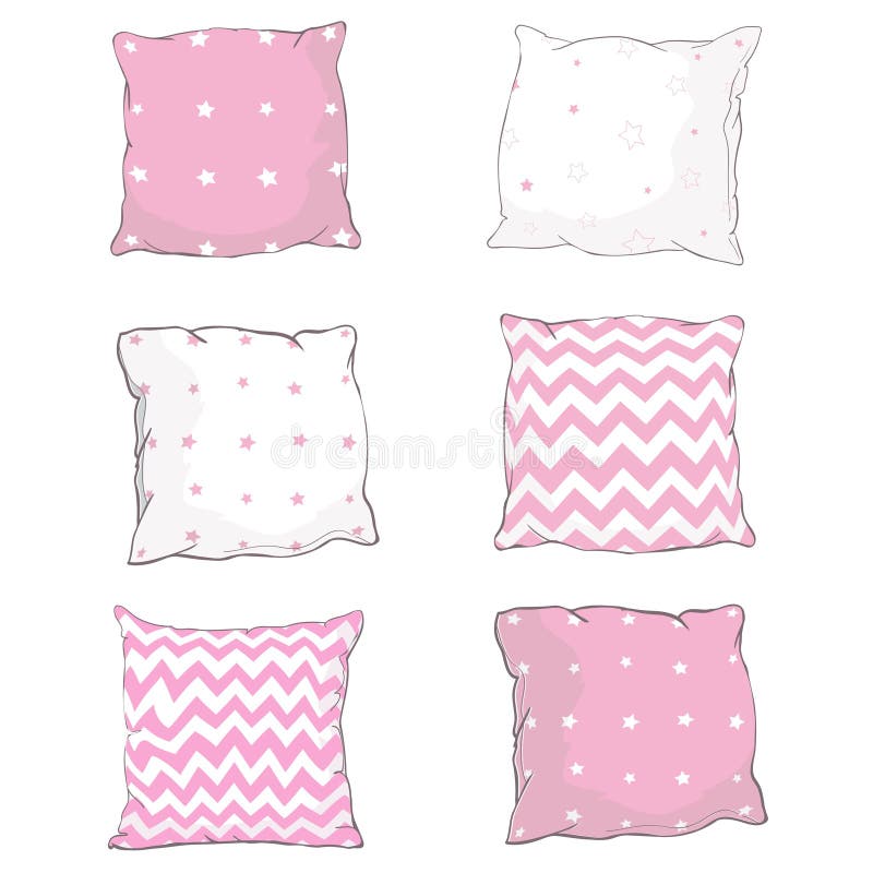 Vector Cartoon Decorative Pillows. Hand Drawn Set of Decorative Pillows. Doodle Illustration