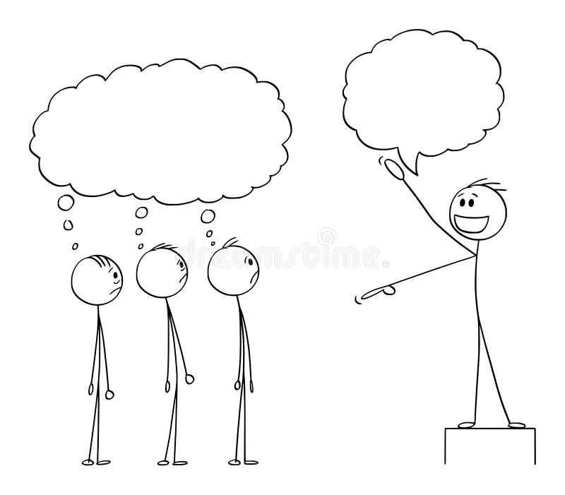 Vector Cartoon of Enthusiastic Man, Leader or Boss Talking to Crowd or Employees , They Are Thinking Something About His