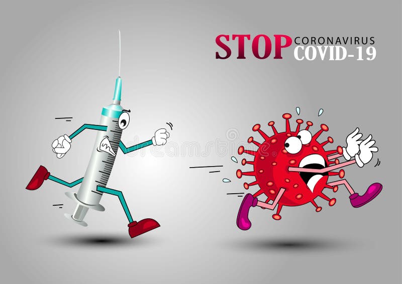 Vector cartoon figure drawing conceptual illustration of syringe running coronavirus COVID-19 virus with disinfection or