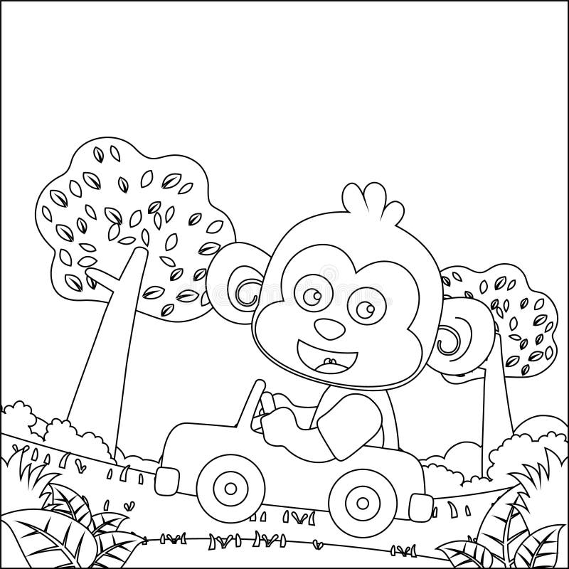 Vector Cartoon of Funny Monkey Driving Car in the Junggle. Cartoon