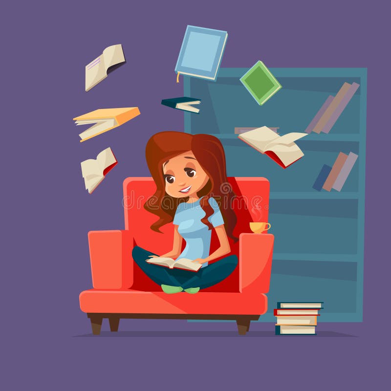 Vector cartoon young brunette girl reader, woman student character sitting at armchair reading textbook with books flying around. Cozy home background bookshelf. Education, learning concept. Vector cartoon young brunette girl reader, woman student character sitting at armchair reading textbook with books flying around. Cozy home background bookshelf. Education, learning concept