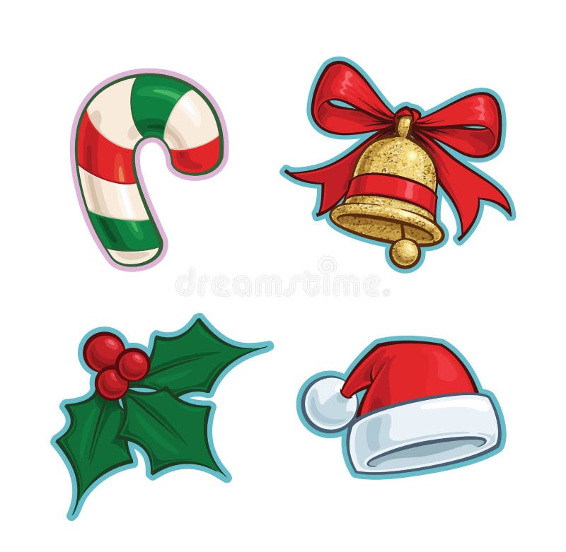 Christmas Cartoon Icon Set - Candy Cane Bell  Holly Santa Hat