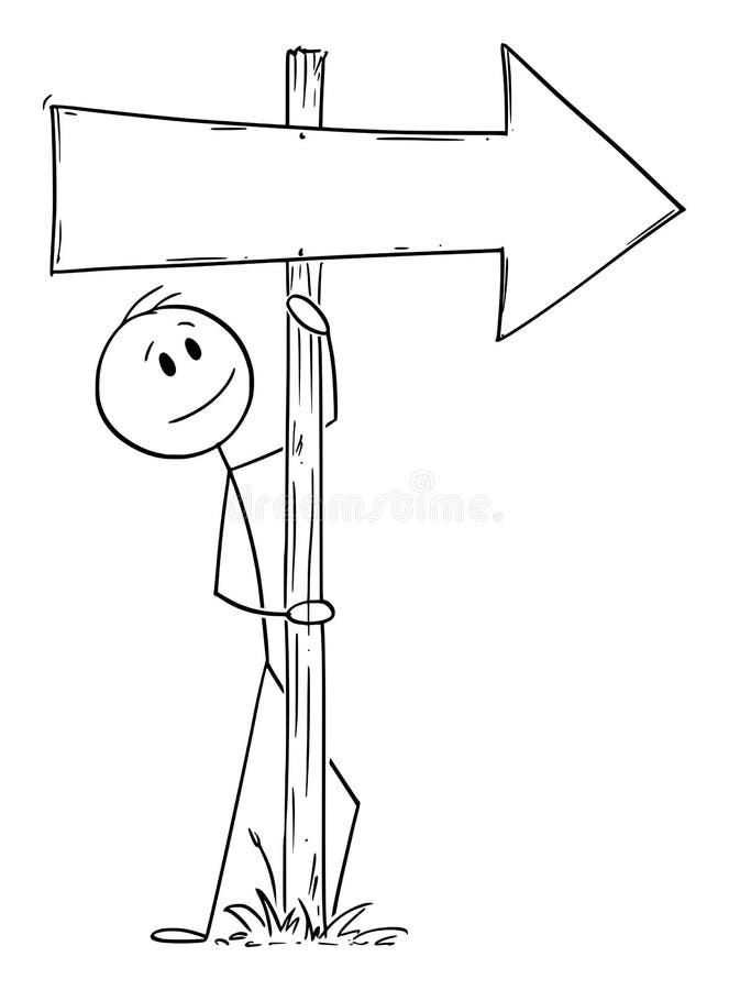 Vector Cartoon Illustration of Man or Businessman leaning Towards Old Wooden Directional Arrow Signpost stock illustration Vector Cartoon Illustration of Man or Businessman leaning Towards Old Wooden Directional Arrow Signpost stock illustration
