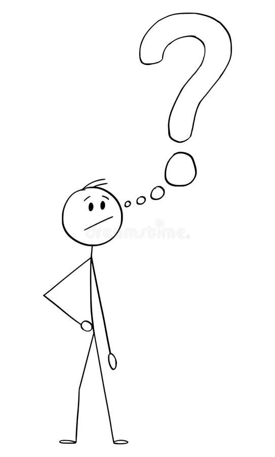 Stick figure in thinking posture. Stick man thinking about a solution to a  question. Vector illustration isolated on white Stock Vector