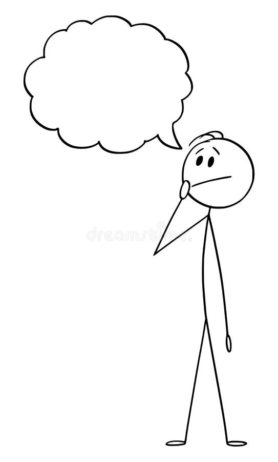 Stick figure in thinking posture. Stick man thinking about a solution to a  question. Vector illustration isolated on white Stock Vector