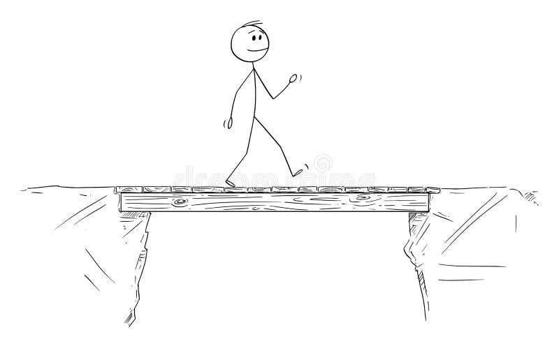 Vector Cartoon Illustration of Man or Businessman Walking and Crossing the Bridge