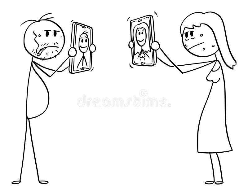 Vector Cartoon Illustration of Man and Woman Showing Mobile Phones with their Idealized Unrealistic Retouched Photos