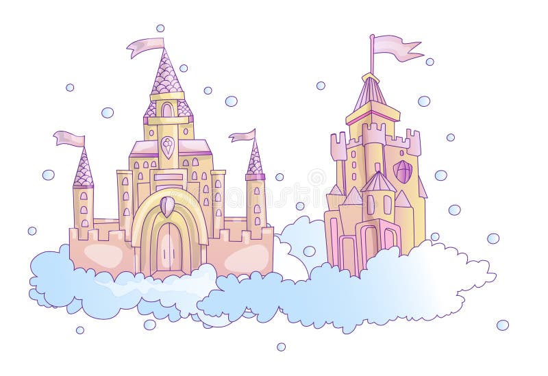 Vector cartoon illustration of pink princess magic castle in clouds. pink princess magic castle in blue clouds, with