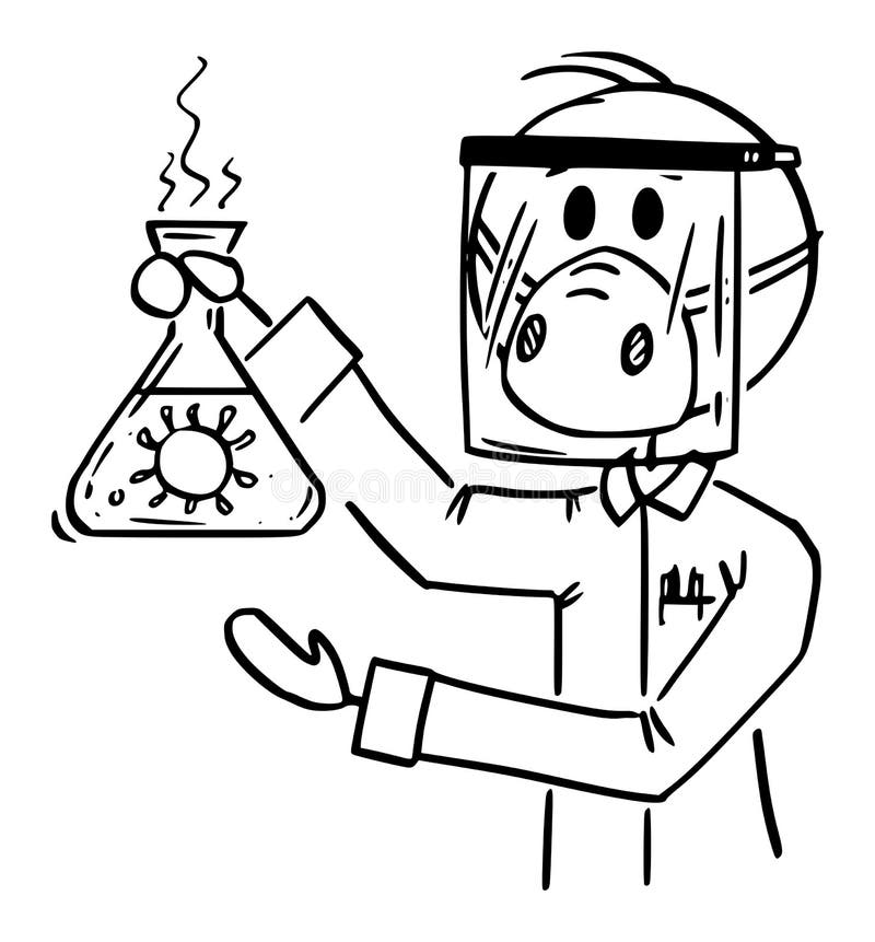 Vector Cartoon Illustration of Scientist Wearing Face Mask and Shield Working with Coronavirus COVID-19 Biological