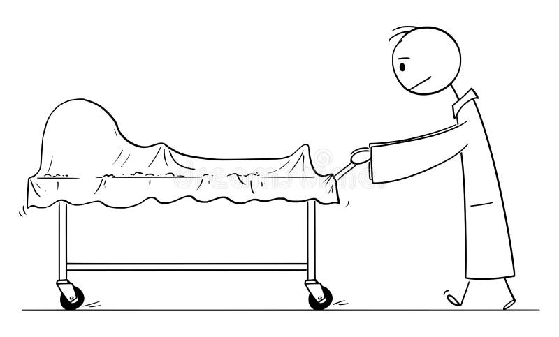 Vector cartoon stick figure drawing conceptual illustration of doctor or hospital orderly pushing cart with covered dead body. Vector cartoon stick figure drawing conceptual illustration of doctor or hospital orderly pushing cart with covered dead body.