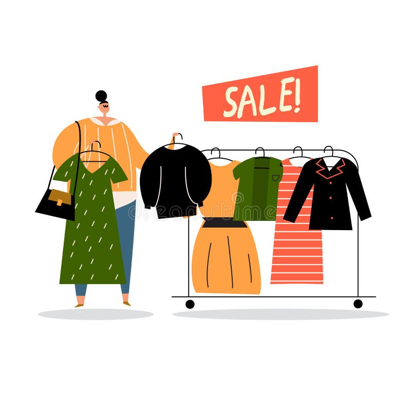 Vector Cartoon Illustration of Woman Near Hanger Choosing Clothes. Sale  Concept Stock Vector - Illustration of fashionable, person: 160989867