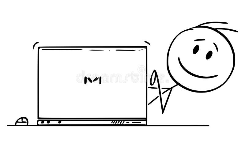 Vector Cartoon Ilustracja Happy Smiling Man, Business Man lub Office Worker wpisując w komputerze i patrząc od
