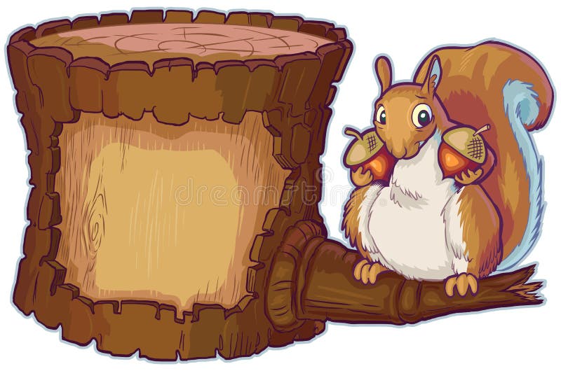 Vector Cartoon Log with Squirrel Holding Two Acorn Nuts