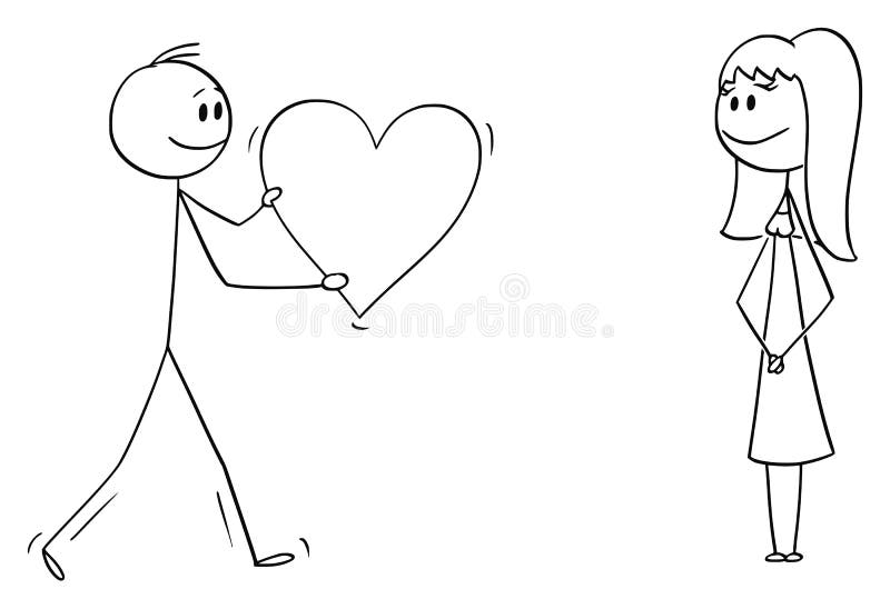 Vector Cartoon Of Man Or Boy In Love Giving Big Romantic Red Heart To Woman Or Girl Stock Vector Illustration Of Happy Humor