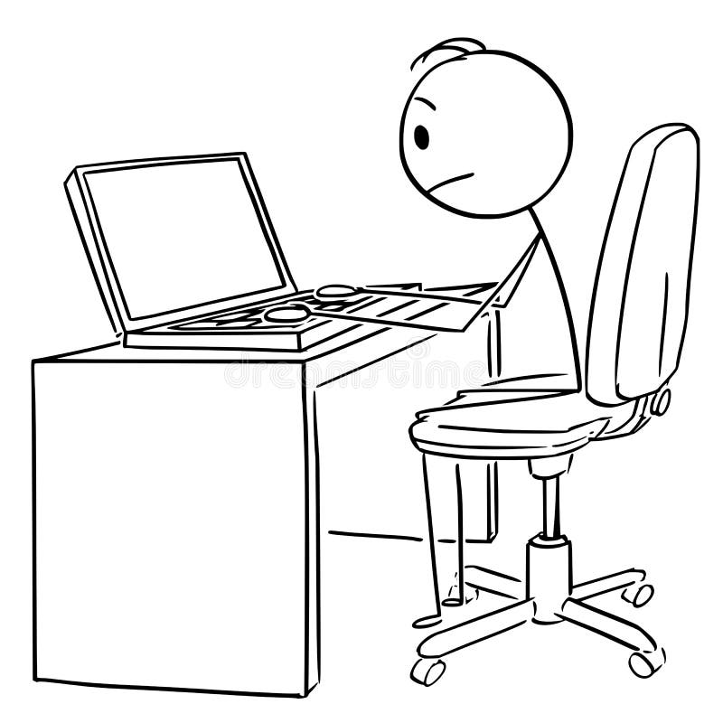 Vector Cartoon of Man or Businessman Working or Typing on Portable Computer or Laptop