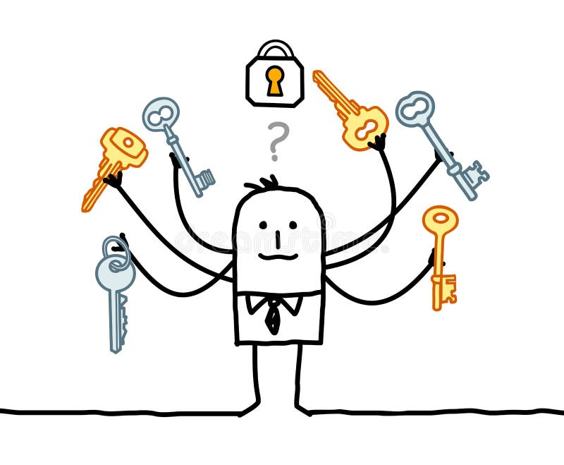 Cartoon Man with Multi Keys and Solution stock illustration Cartoon Man with Multi Keys and Solution stock illustration