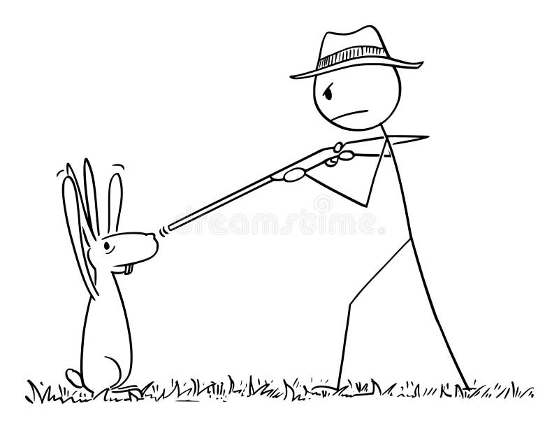 Vector Cartoon of Man with Rifle or Hunter Pointing His Gun at Rabbit or Hare or Jackrabbit. Animal Surrendered with