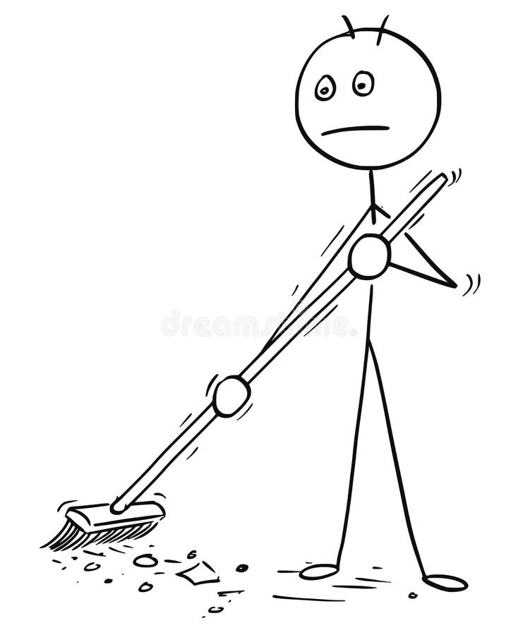 Vector Cartoon of Man Sweeping Floor Using Broom