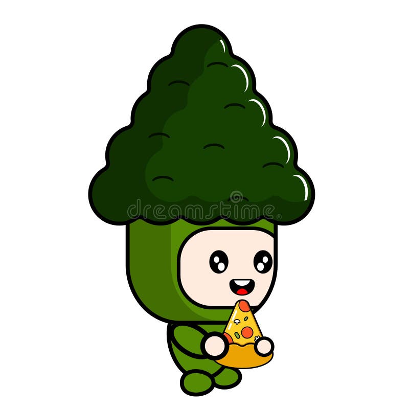 Vegetable broccoli mascot costume eating pizza royalty free illustration