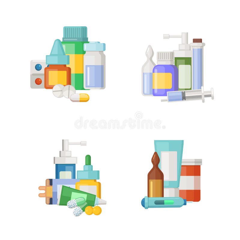 Vector cartoon medicines, potions and pills piles set royalty free illustration Vector cartoon medicines, potions and pills piles set royalty free illustration