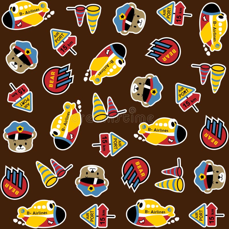 Seamless pattern of funny plane cartoon with funny pilot stock illustration