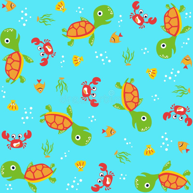 Vector cartoon seamless pattern of marine animals