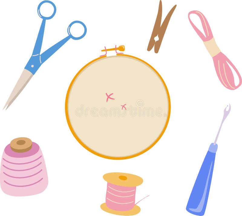 Vector cartoon set for embroidery, needlework. Various embroidery tools. Embroidery hoop, scissors. Pre-made logo for your design royalty free illustration