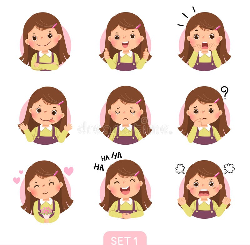 Vector cartoon set of a little girl in different postures with various emotions. Set 1 of 3