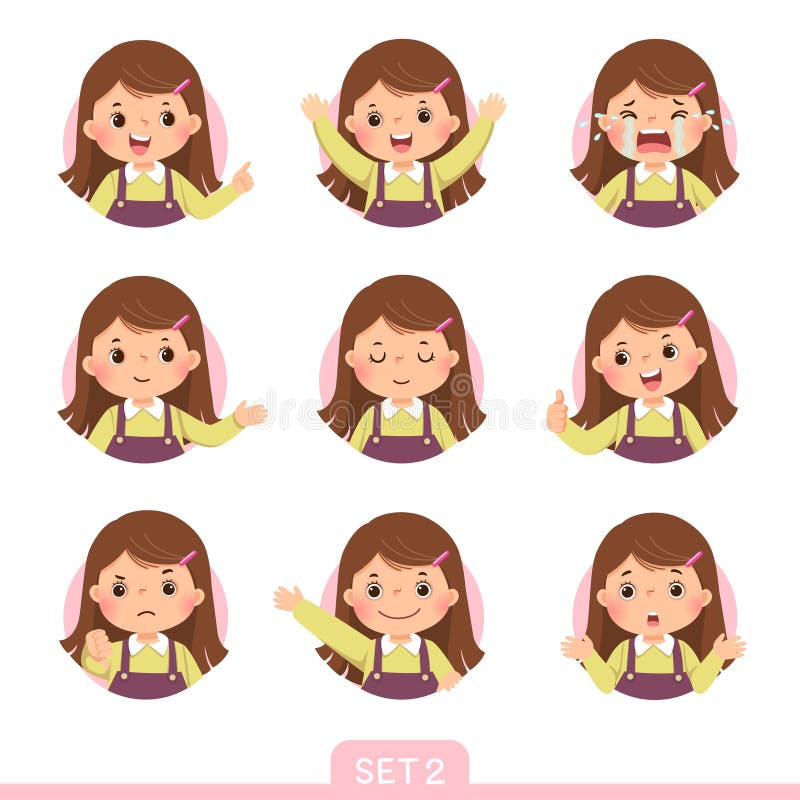 Vector cartoon set of a little girl in different postures with various emotions. Set 2 of 3