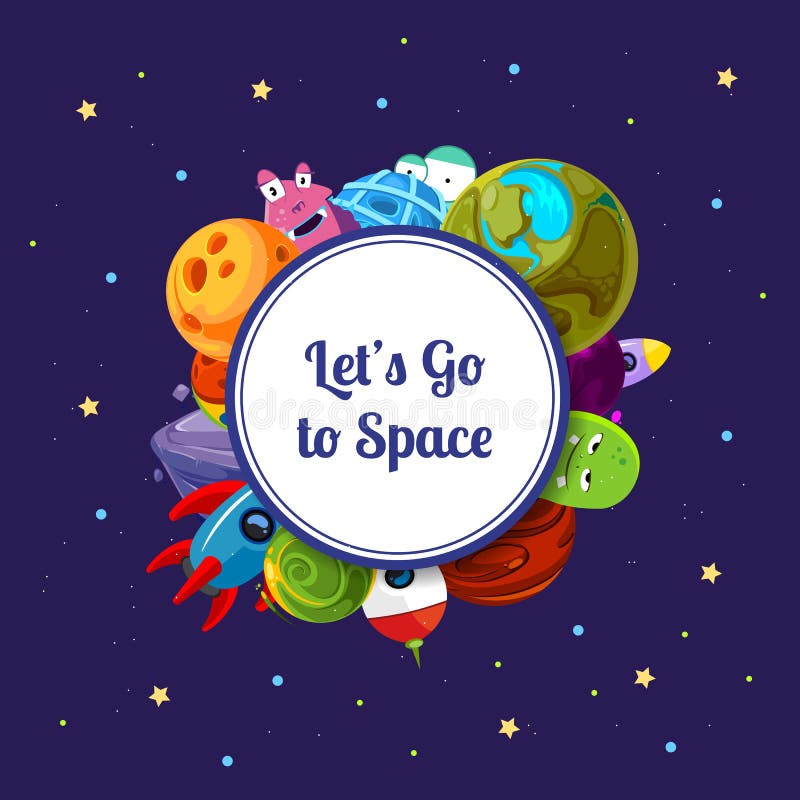 Vector cartoon space planets and ships under circle with place for text illustration vector illustration Vector cartoon space planets and ships under circle with place for text illustration vector illustration