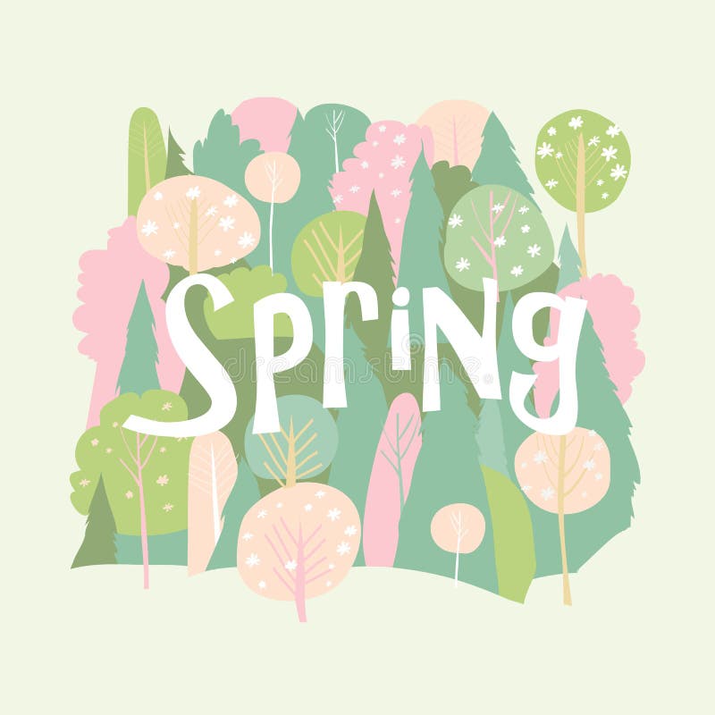 Vector cartoon spring blossom forest. Hello spring