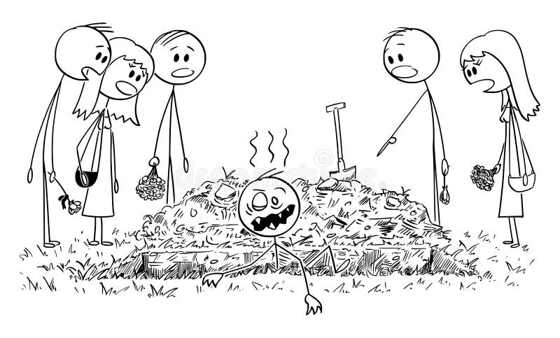 Vector Cartoon Illustration of Shocked People, Friends or Family Members on Burial Ceremony. Buried Alive Man is Coming