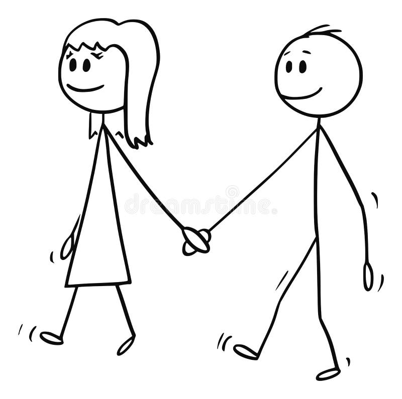 Vector cartoon stick figure drawing conceptual illustration of girl and boy...