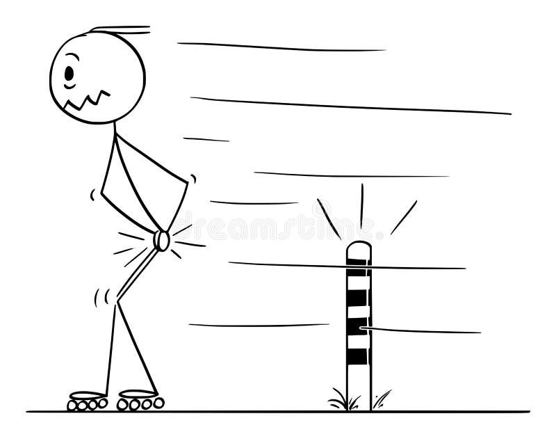 Vector Cartoon of Inline Skating Man Who Hit His Testicles When Passing Post on The Road