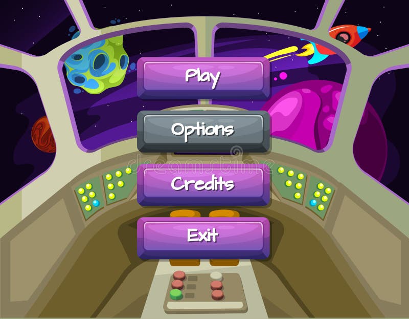 Vector cartoon style enabled and disabled buttons with text for game design on spaceship texture background royalty free illustration
