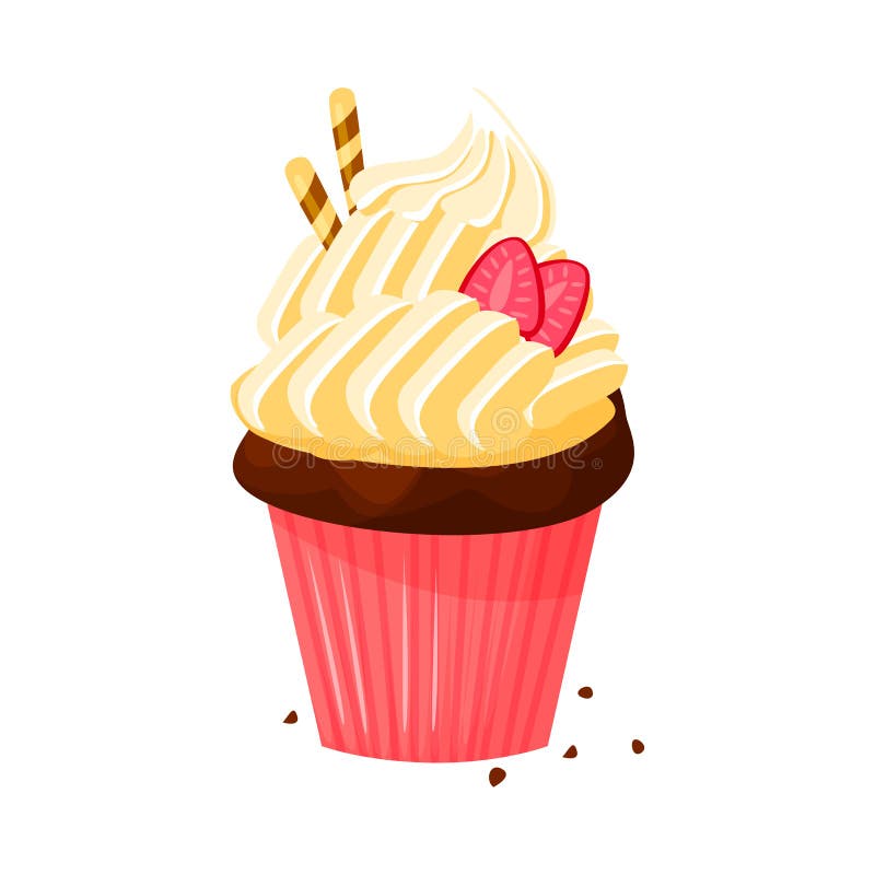Vector cartoon style illustration of sweet cupcake. Delicious sweet dessert decorated with creme and strawberry. vector illustration Vector cartoon style illustration of sweet cupcake. Delicious sweet dessert decorated with creme and strawberry. vector illustration