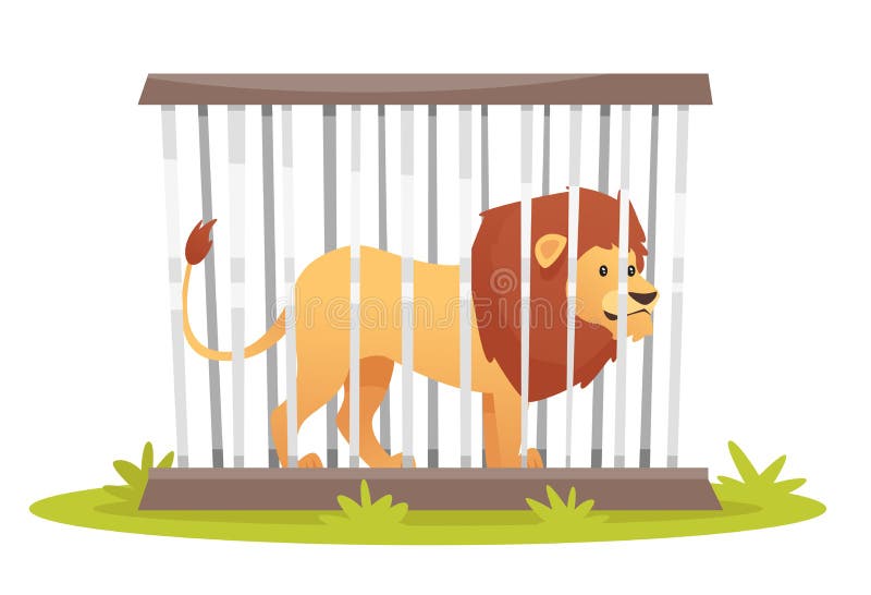 Lion in cage. Vector cartoon style illustration of wild lion in cage isolated on white background royalty free illustration