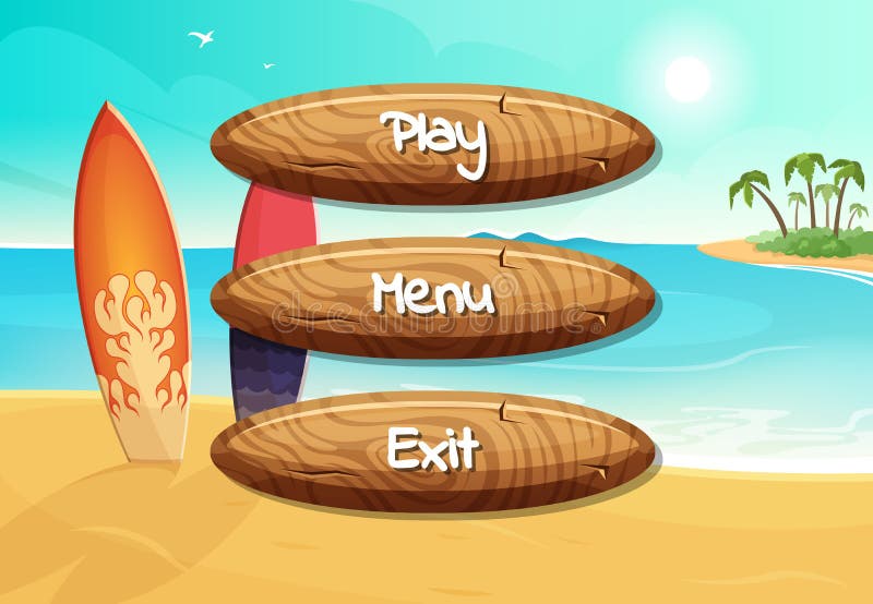 Vector cartoon style wooden buttons with text for game design on surfboards on the beach background stock illustration Vector cartoon style wooden buttons with text for game design on surfboards on the beach background stock illustration