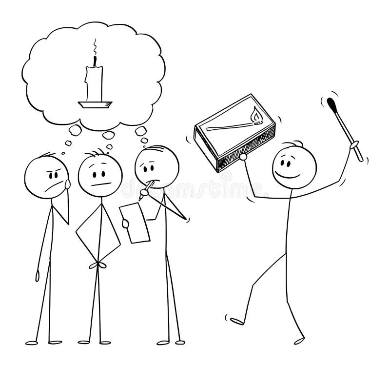 Vector Cartoon of Team of Businessmen Brainstorming for Solution. Another Man is Bringing Matches as Metaphor of Idea