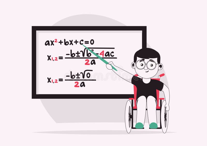 Vektor znak ilustrácie z chytrý chlapec v invalidný vozík rieši rovnice na tabule, matematika lekcia.