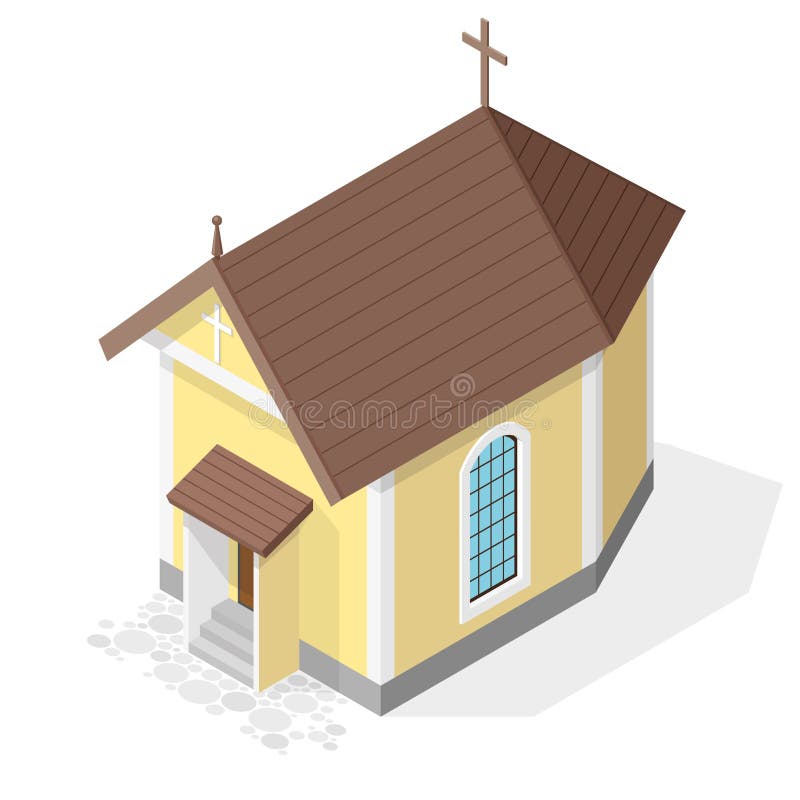 Vector Christian small church, isometric perspective, isolated on white background.