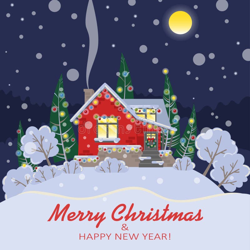 Vector Christmas Card with a House, Trees, Christmas Trees and Bushes ...
