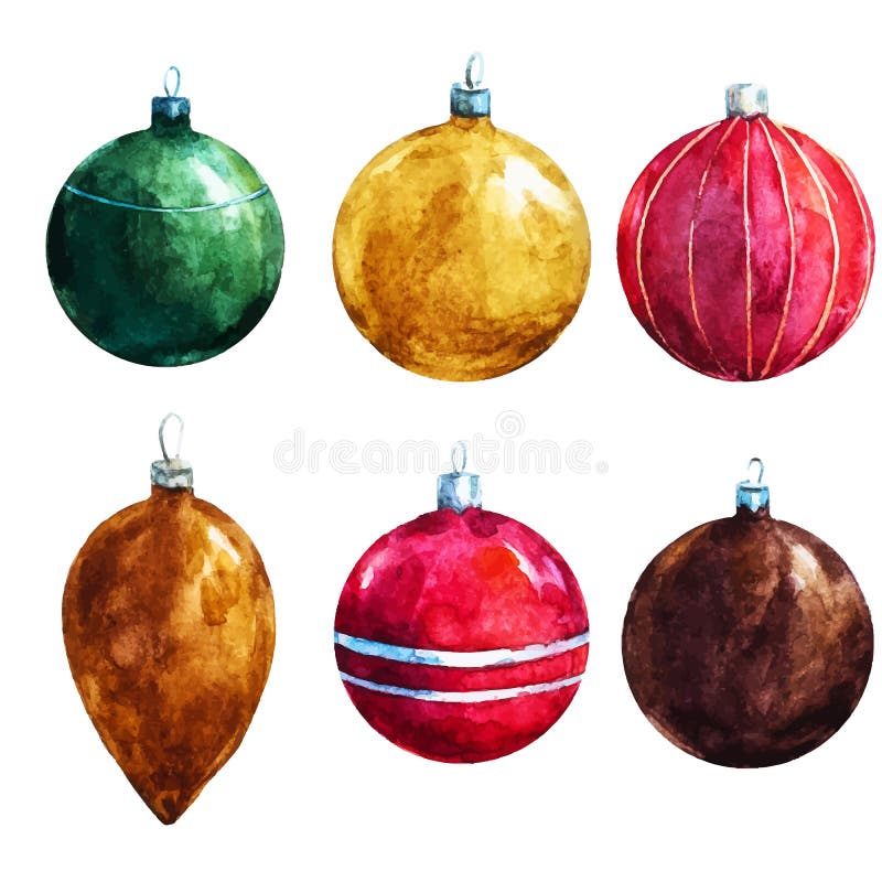 Collection (set) of Watercolor Colored Christmas Decorations (balls ...