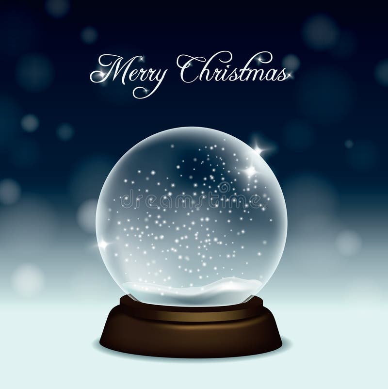 Vector christmas greeting card with snow globe on snow and night sky background stock illustration